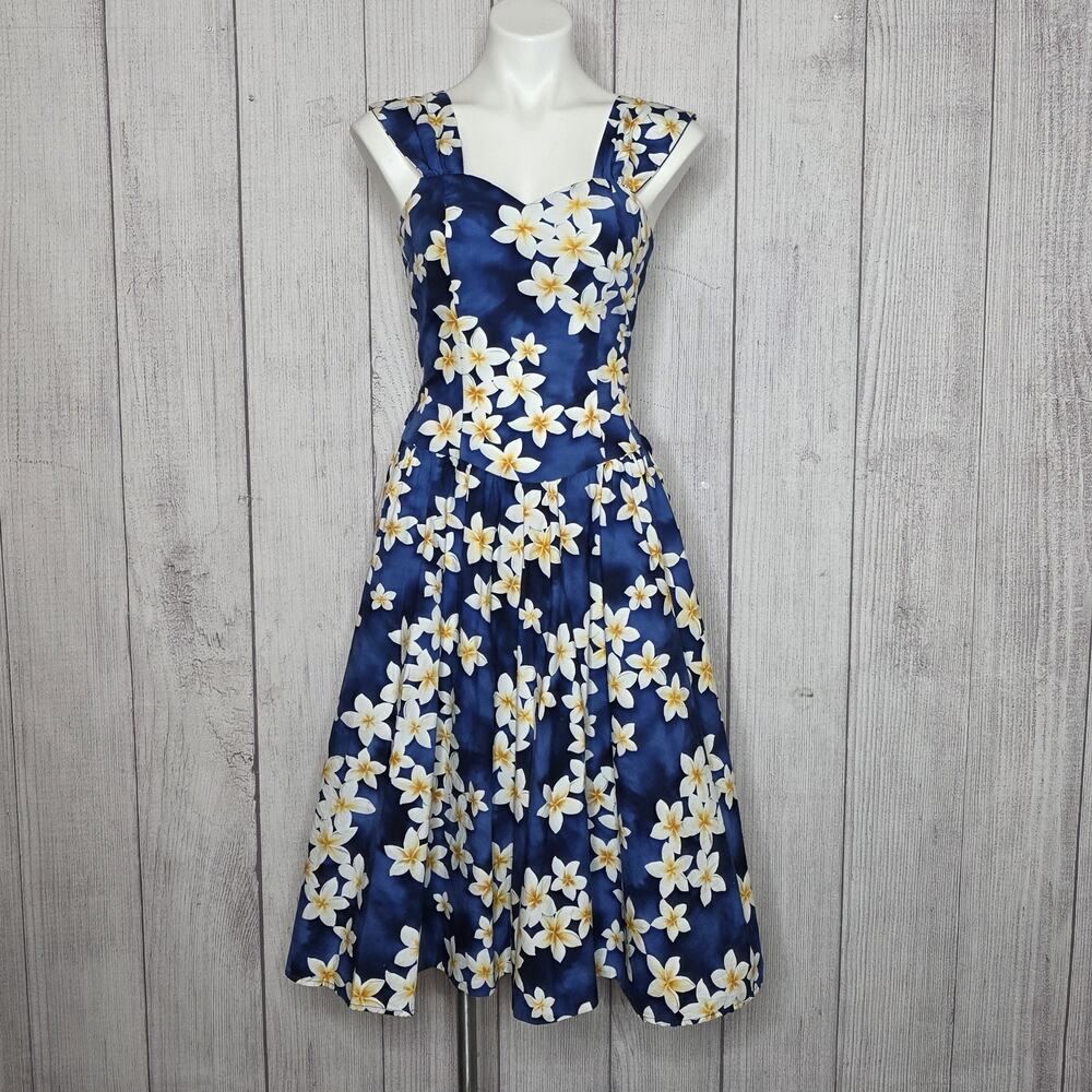 Royal Creations Hawaii Dress L Blue Plumeria Full Circle Halter Tiki Pocket